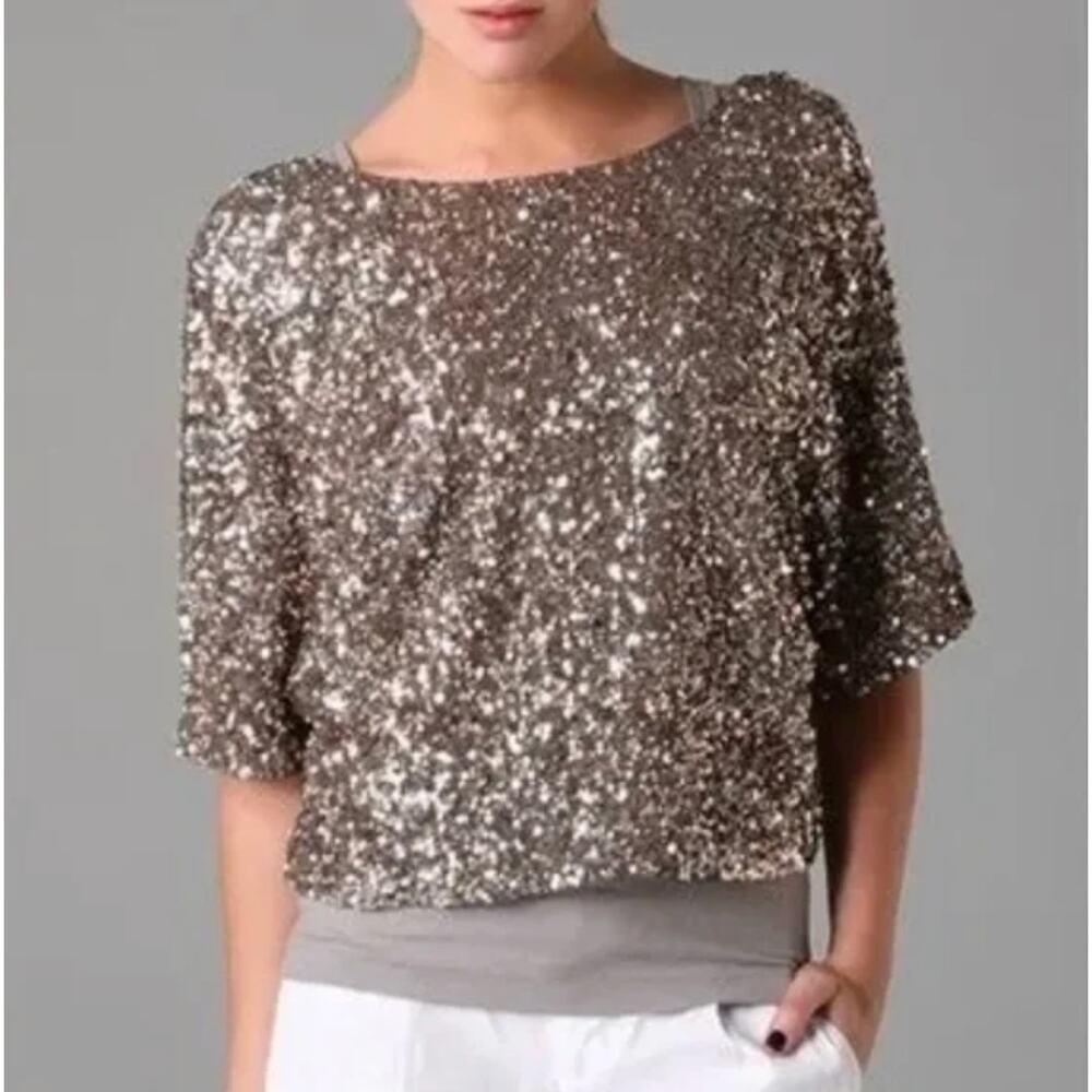 VINCE Top Size Large Sequin Raglan Cropped Gold Gunmetal Lined